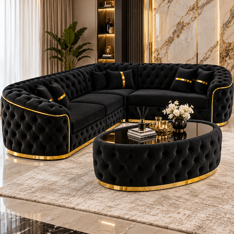 COLȚAR EXTENSIBIL PARIS 320 × 255 CM – FIX, NEGRU CU AURIU + MĂSUȚĂ TAPIȚATĂ