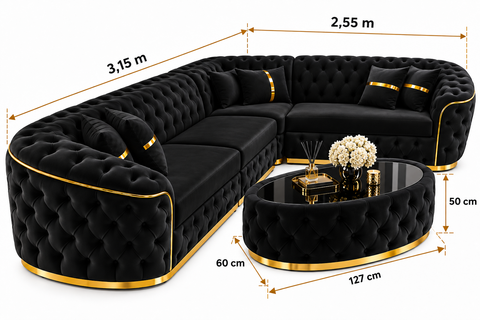 COLȚAR EXTENSIBIL PARIS 320 × 255 CM – FIX, NEGRU CU AURIU + MĂSUȚĂ TAPIȚATĂ