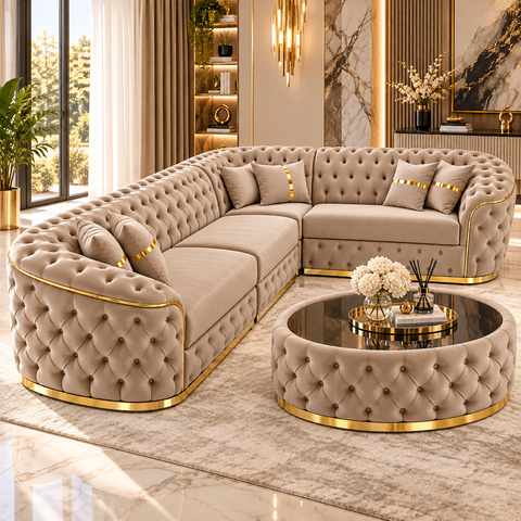 COLȚAR EXTENSIBIL PARIS 320 × 255 CM – FIX, CAPUCINO CU AURIU + MĂSUȚĂ TAPIȚATĂ