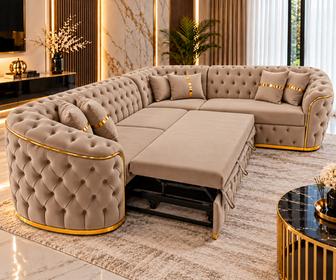 COLȚAR EXTENSIBIL PARIS 320 × 255 CM – FIX, CAPUCINO CU AURIU + MĂSUȚĂ TAPIȚATĂ