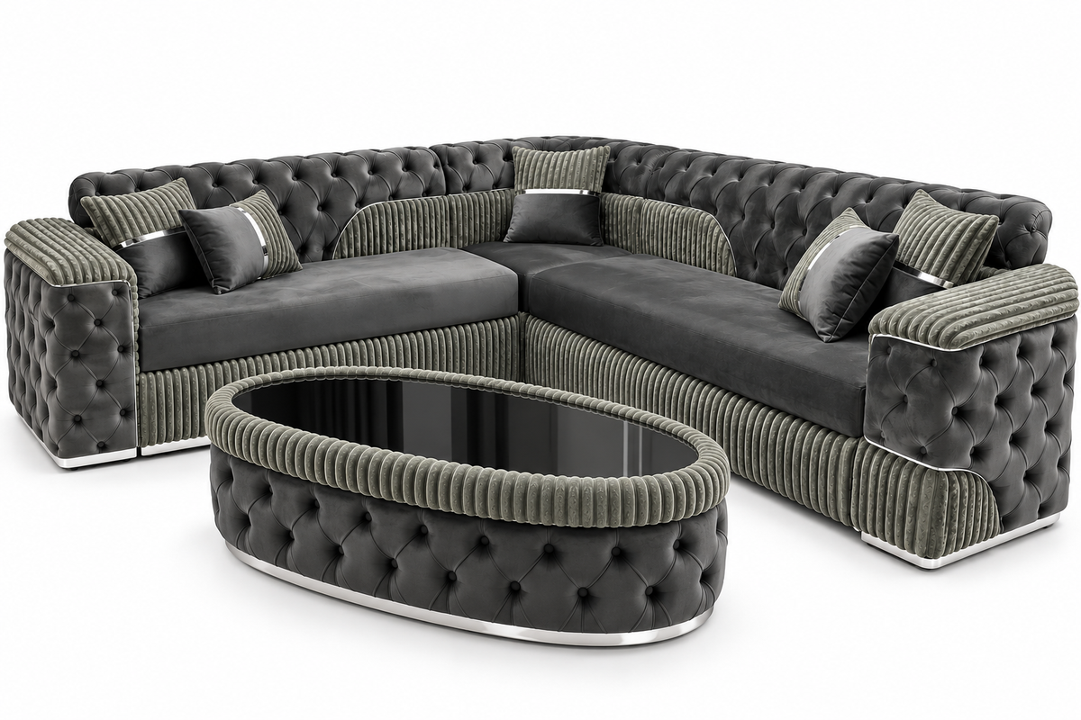 SET COLȚAR EXTENSIBIL FLUFFY 280 × 280 CM, FIX, GRI CU ARGINTIU ȘI MĂSUȚĂ DE CAFEA