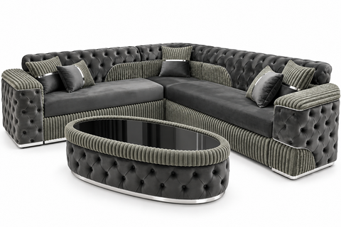 SET COLȚAR EXTENSIBIL FLUFFY 280 × 280 CM, FIX, GRI CU ARGINTIU ȘI MĂSUȚĂ DE CAFEA