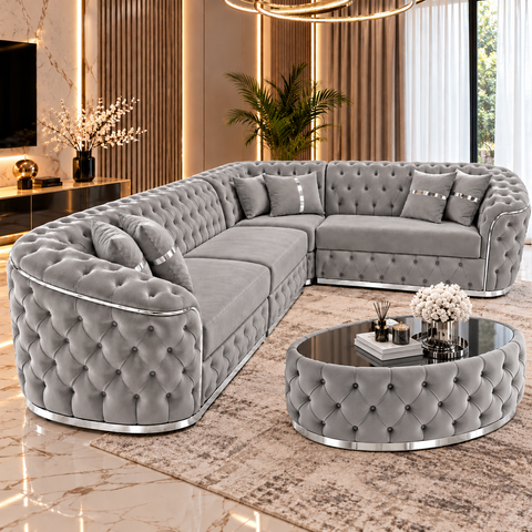 COLȚAR EXTENSIBIL PARIS 320 × 255 CM – FIX, GRI CU ARGINTIU + MĂSUȚĂ TAPIȚATĂ