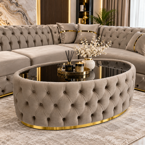 MĂSUȚĂ CAFEA OVALĂ TAPIȚATĂ 127 × 60 CM – CAPPUCCINO CU AURIU