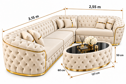 COLȚAR PARIS 320 × 255 CM – FIX, BEJ CU AURIU + MĂSUȚĂ TAPIȚATĂ