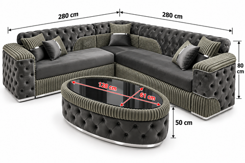 SET COLȚAR EXTENSIBIL FLUFFY 280 × 280 CM, FIX, GRI CU ARGINTIU ȘI MĂSUȚĂ DE CAFEA