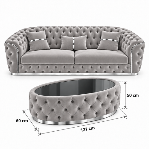 SET 3/1/1 CANAPEA PARIS 3 LOCURI + 2 FOTOLII PARIS SI MASUTA TAPITATA – GRI CU ARGINTIU