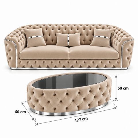 SET 3/1/1 CANAPEA PARIS 3 LOCURI + 2 FOTOLII PARIS SI MASUTA TAPITATA – BEJ CU ARGINTIU