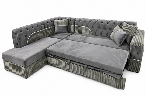 SET COLȚAR EXTENSIBIL FLUFFY 280 × 280 CM, FIX, GRI CU ARGINTIU ȘI MĂSUȚĂ DE CAFEA