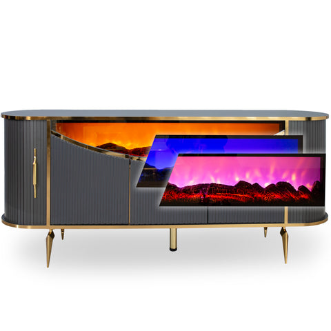 Consola TV cu semineu semiluna si spatii de depozitare Antracit cu Auriu 190x45x80cm