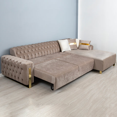 Coltar Chester electric, capucino cu auriu 320 x 180 cm - sezlong dreapta