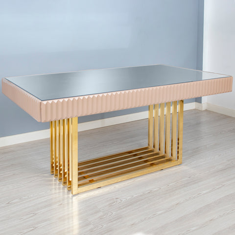 Masa dining cu riflaje bej cu auriu 160x 90 x 80 cm