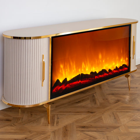CONSOLA TV BEJ & AURIU CU SEMINEU SI SPATII DEPOZITARE 190x45x80cm