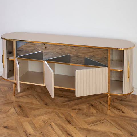 CONSOLA TV CAPUCINO & AURIU CU SEMINEU DREPTUNGHI SI SPATII DEPOZITARE 190x45x80cm