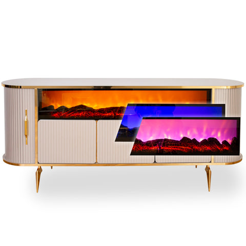 CONSOLA TV BEJ & AURIU CU SEMINEU DREPTUNGHI SI SPATII DEPOZITARE 190x45x80cm