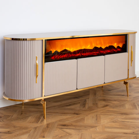 CONSOLA TV BEJ & AURIU CU SEMINEU DREPTUNGHI SI SPATII DEPOZITARE 190x45x80cm