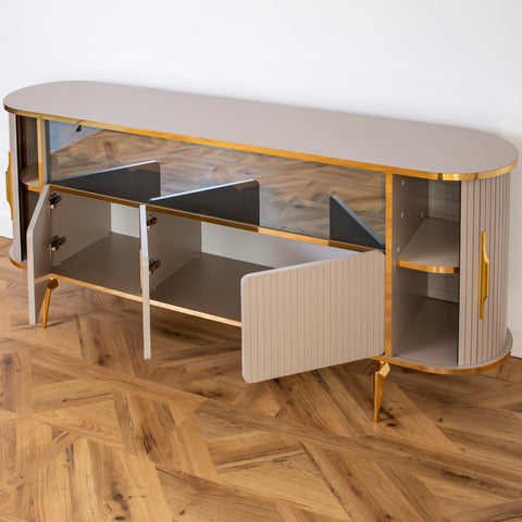 CONSOLA TV BEJ & AURIU CU SEMINEU DREPTUNGHI SI SPATII DEPOZITARE 190x45x80cm