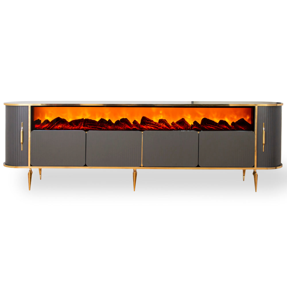 CONSOLA TV XXL ANTRACIT & AURIU CU SEMINEU SI SPATII DEPOZITARE 275x45x80cm