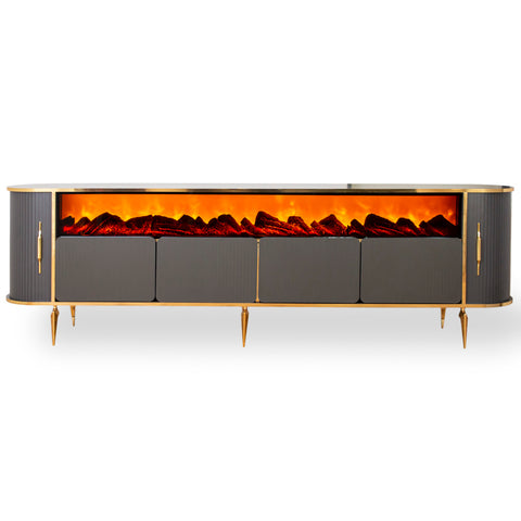 CONSOLA TV XXL ANTRACIT & AURIU CU SEMINEU SI SPATII DEPOZITARE 275x45x80cm