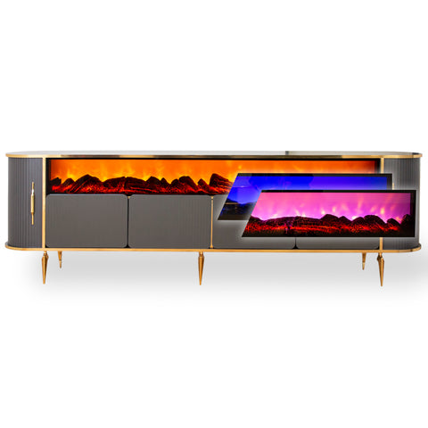 CONSOLA TV XXL ANTRACIT & AURIU CU SEMINEU SI SPATII DEPOZITARE 275x45x80cm