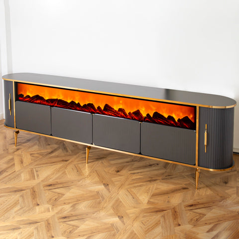 CONSOLA TV XXL ANTRACIT & AURIU CU SEMINEU SI SPATII DEPOZITARE 275x45x80cm