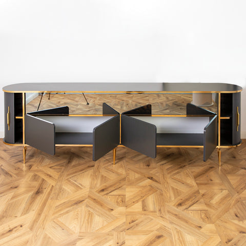 CONSOLA TV XXL ANTRACIT & AURIU CU SEMINEU SI SPATII DEPOZITARE 275x45x80cm
