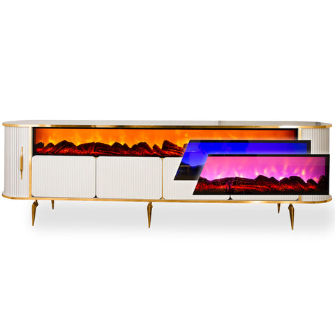 CONSOLA TV XXL ALB & AURIU CU SEMINEU SI SPATII DEPOZITARE 275x45x80cm