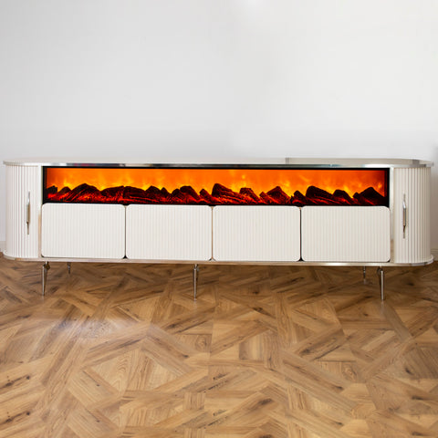 CONSOLA TV XXL ALB & ARGINTIU CU SEMINEU SI SPATII DEPOZITARE 275x45x80cm