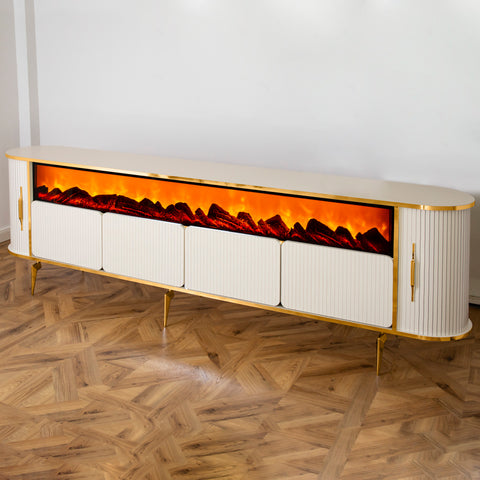 CONSOLA TV XXL ALB & AURIU CU SEMINEU SI SPATII DEPOZITARE 275x45x80cm
