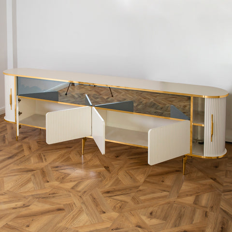 CONSOLA TV XXL ALB & AURIU CU SEMINEU SI SPATII DEPOZITARE 275x45x80cm