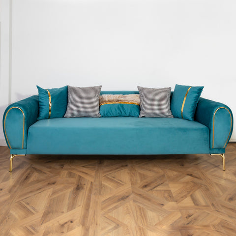 CANAPEA 3 LOCURI NOVO, TAPITATA TURCOAZ CU AURIU