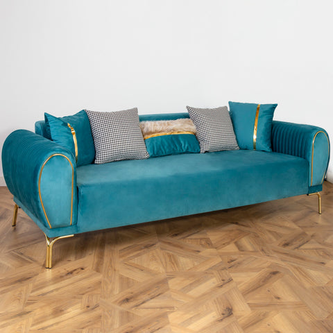 CANAPEA 3 LOCURI NOVO, TAPITATA TURCOAZ CU AURIU