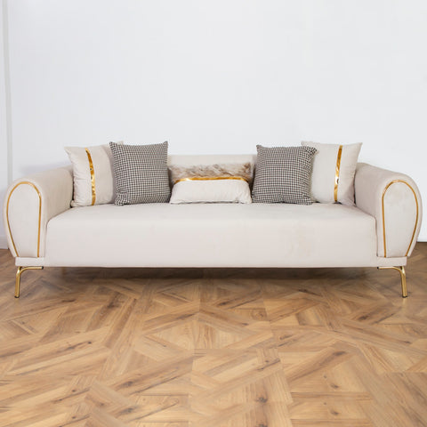 CANAPEA 3 LOCURI NOVO, TAPITATA BEJ CU AURIU