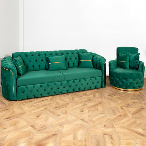 SET 3/1/1 CANAPEA EXTENSIBILA CU 2 FOTOLII PARIS, Catifea Verde smarald