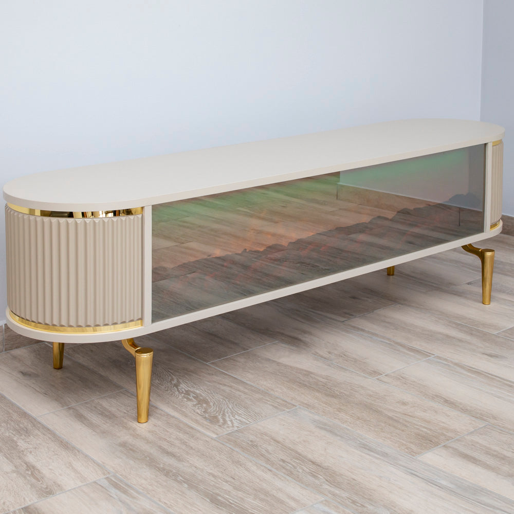 Comoda TV cu riflaje si semineu Bej/Auriu 150x35x50cm
