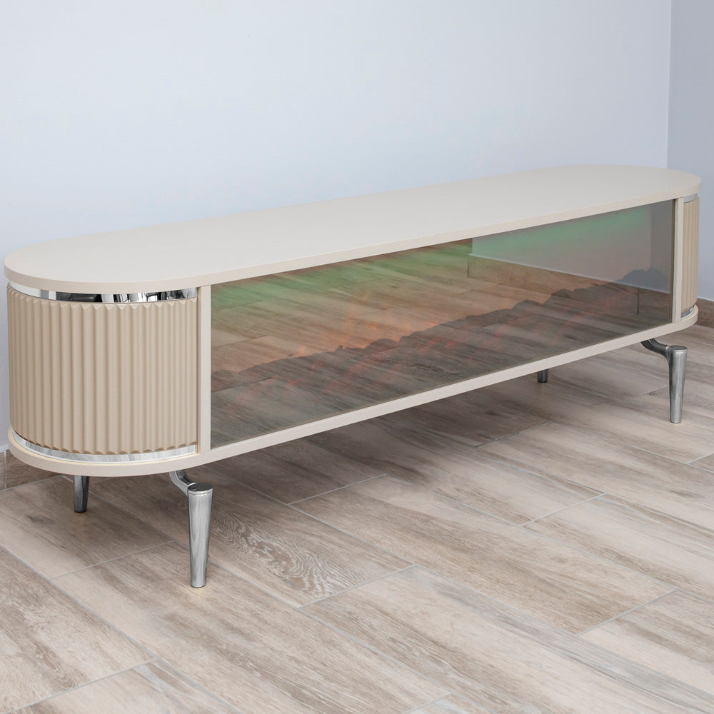 Comoda TV cu riflaje si semineu Bej/Argintiu 150x35x50cm