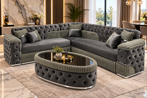 SET COLȚAR EXTENSIBIL FLUFFY 280 × 280 CM, FIX, GRI CU ARGINTIU ȘI MĂSUȚĂ DE CAFEA
