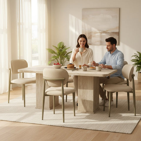 SET Masa dining ARIA 90x160 cm , BEJ TRAVERTIN si 6 scaune POLO
