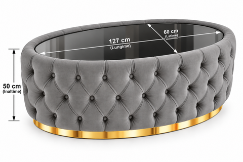 MĂSUȚĂ CAFEA OVALĂ TAPIȚATĂ 127 × 60 CM – GRI CU AURIU