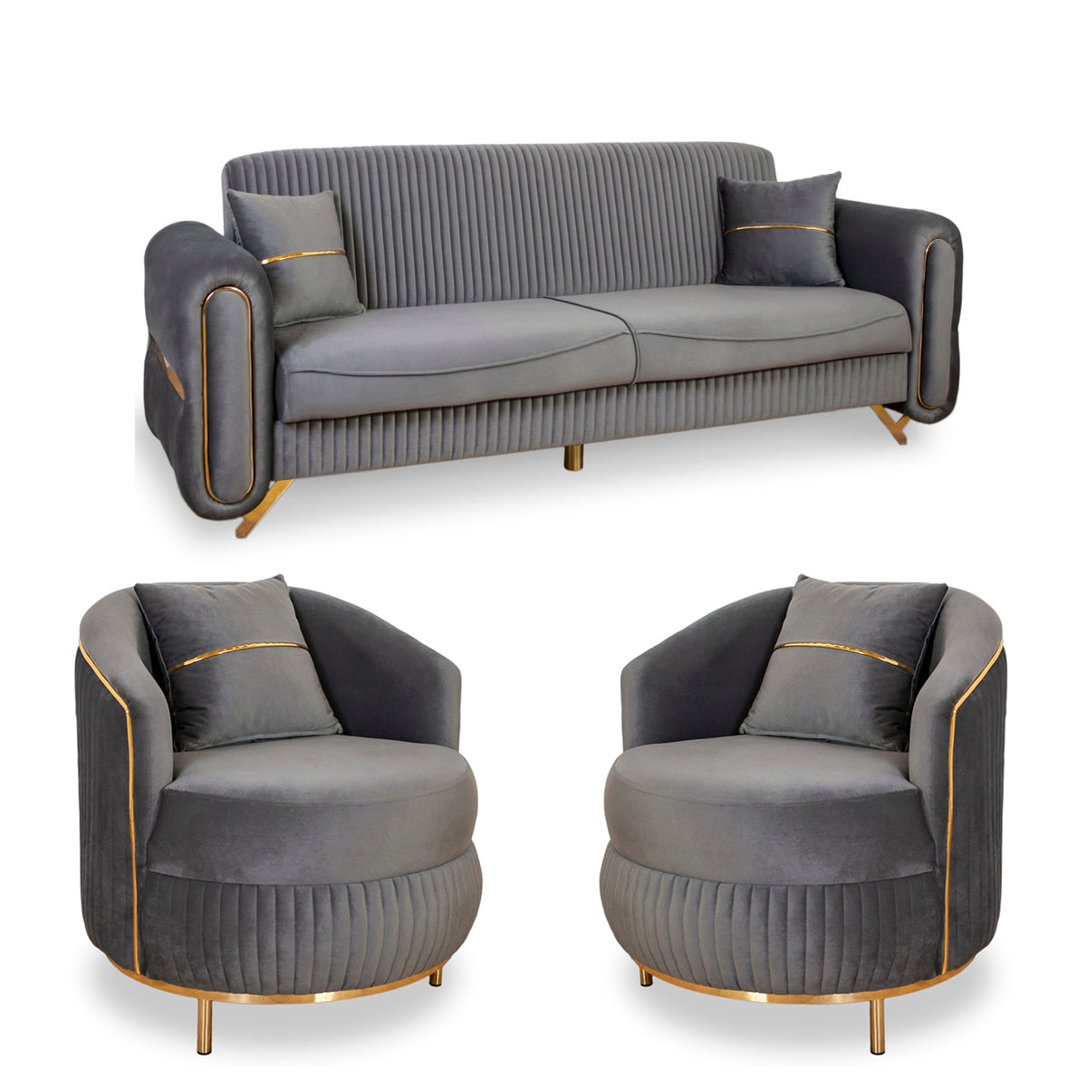 SET PALACE 3/1/1 - CANAPEA EXTENSIBILA + 2 FOTOLII, GRI INCHIS CU AURIU