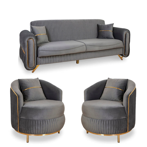 SET PALACE 3/1/1 - CANAPEA EXTENSIBILA + 2 FOTOLII, GRI INCHIS CU AURIU