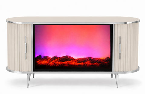 CONSOLA TV BEJ & ARGINTIU CU SEMINEU SI SPATII DEPOZITARE 120 x 40 x80 cm