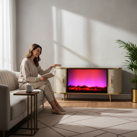 CONSOLA TV BEJ & AURIU CU SEMINEU SI SPATII DEPOZITARE 120 x 40 x80 cm