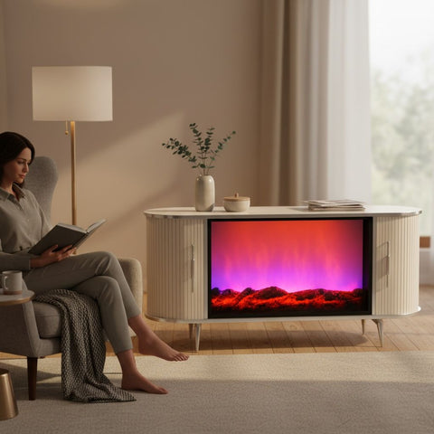 CONSOLA TV BEJ & ARGINTIU CU SEMINEU SI SPATII DEPOZITARE 120 x 40 x80 cm