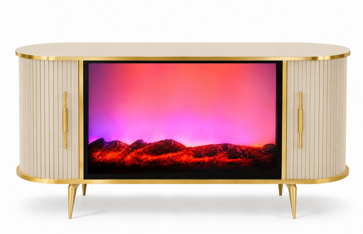 CONSOLA TV BEJ & AURIU CU SEMINEU SI SPATII DEPOZITARE 120 x 40 x80 cm