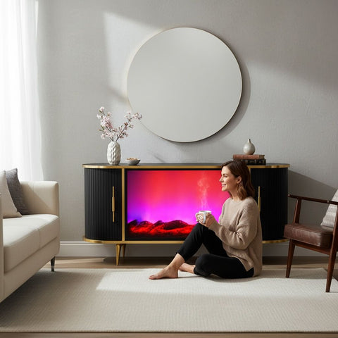 CONSOLA TV ANTRACIT & AURIU CU SEMINEU SI SPATII DEPOZITARE 120 x 40 x 80 cm