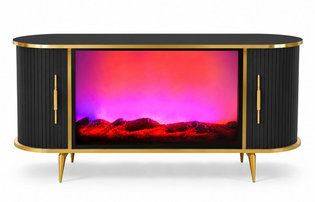 CONSOLA TV ANTRACIT & AURIU CU SEMINEU SI SPATII DEPOZITARE 120 x 40 x 80 cm