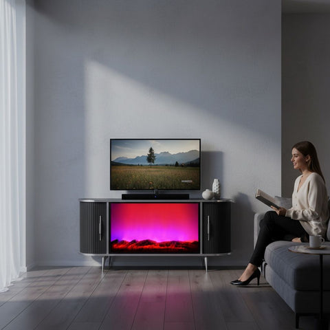 CONSOLA TV ANTRACIT & ARGINTIU CU SEMINEU SI SPATII DEPOZITARE 120 x 40 x 80 cm