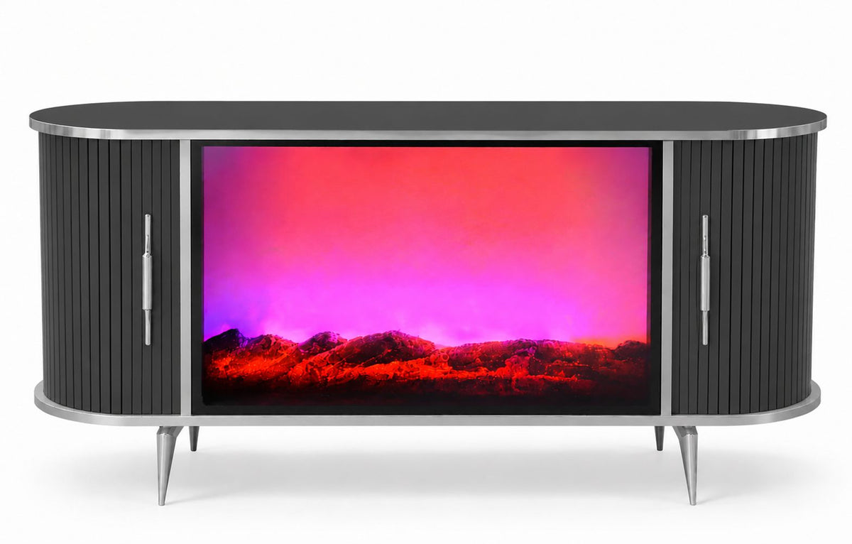 CONSOLA TV ANTRACIT & ARGINTIU CU SEMINEU SI SPATII DEPOZITARE 120 x 40 x 80 cm