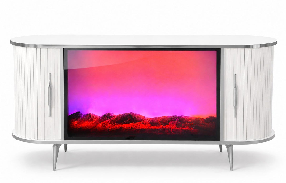 CONSOLA TV ALB & ARGINTIU CU SEMINEU SI SPATII DEPOZITARE 120x40x80 cm